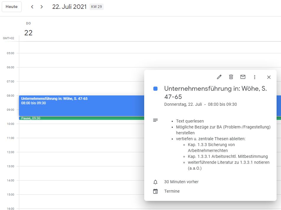 Beispiel für Timeboxing im Studium: Timebox im Google-Kalender realisiert.